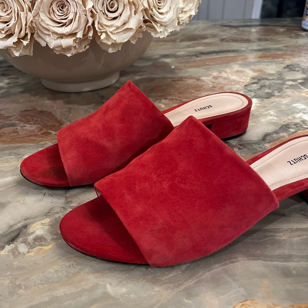 Schutz Red Suede Slide Sandals - Picture 4 of 8